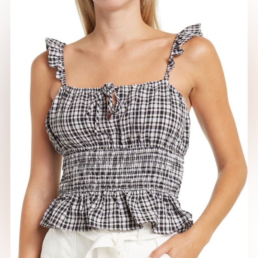 WAYF Check Smocked Waist Top Black White XL